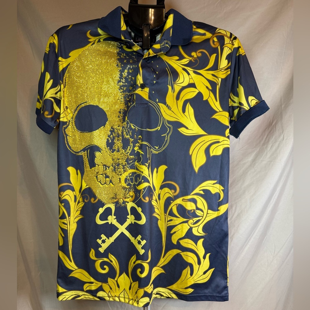 Lamasini Gold & Navy Bling‎ Skeleton Polo Shirt 💀